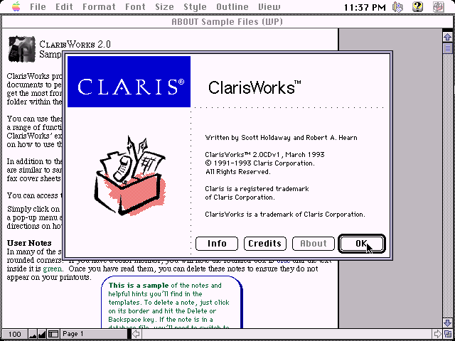 ClarisWorks 2.0 for Mac - About
